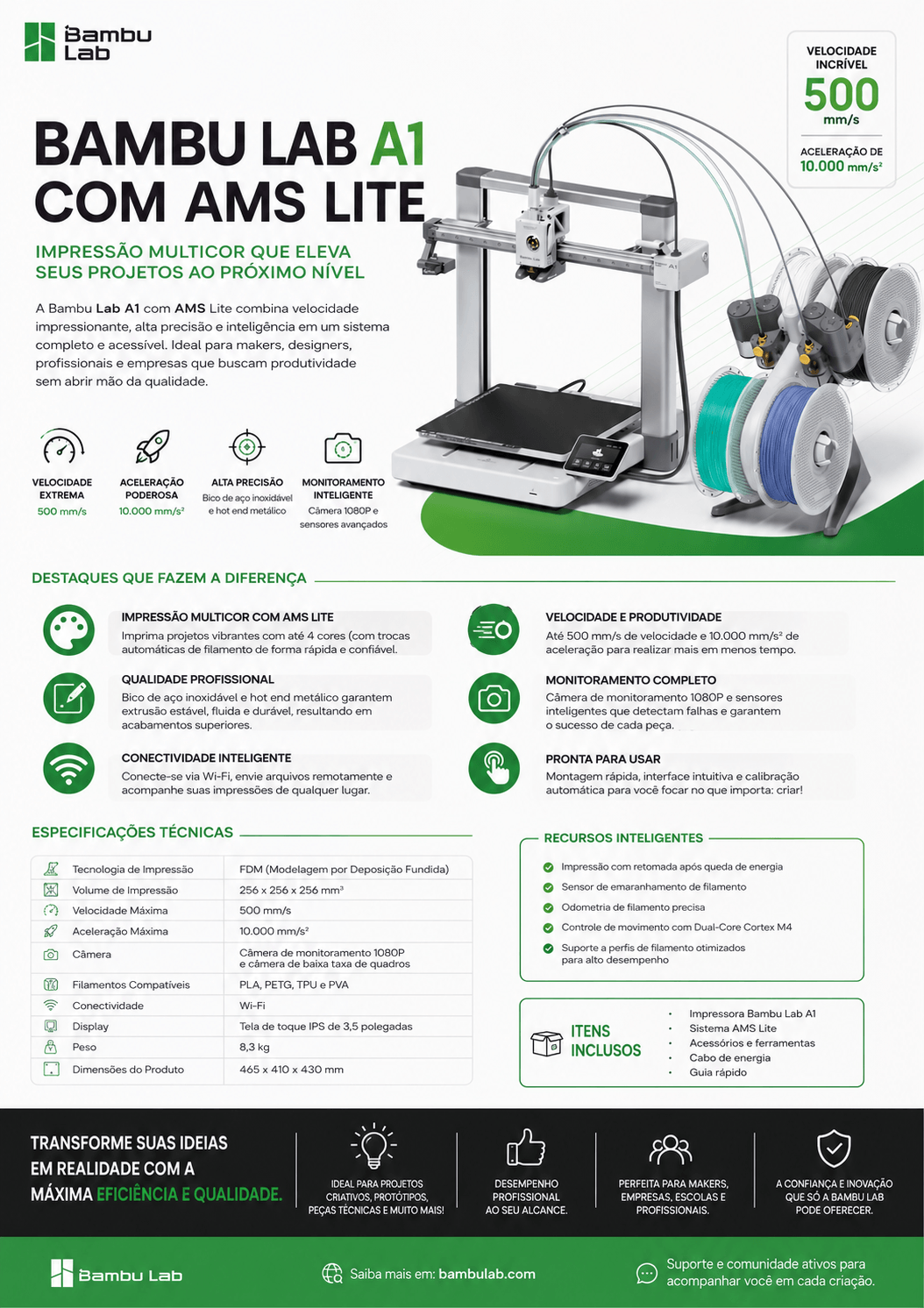 Impressora 3D Bambu Lab A1 + AMS LITE, Velocidade 500 mm/s