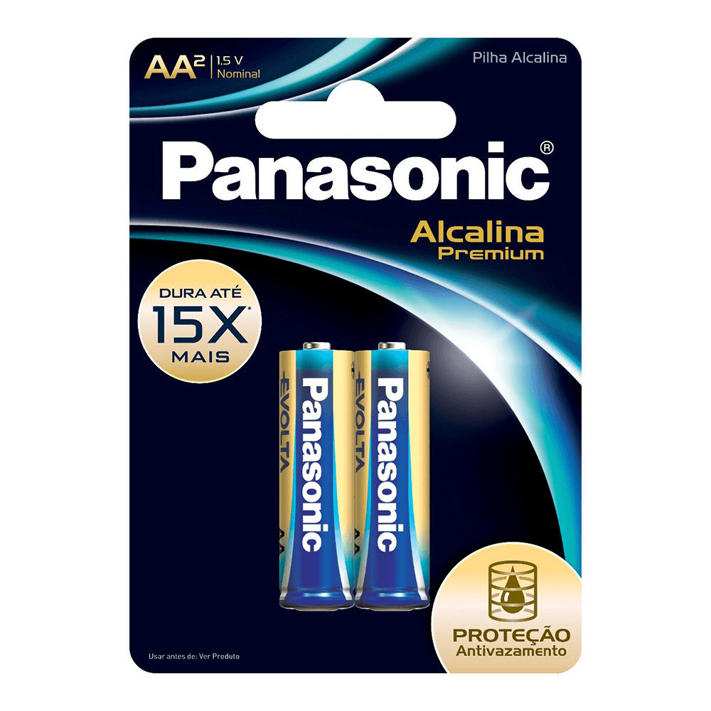 Pilha Panasonic Alcalina Premium AA, Bliester com 2 Unidades