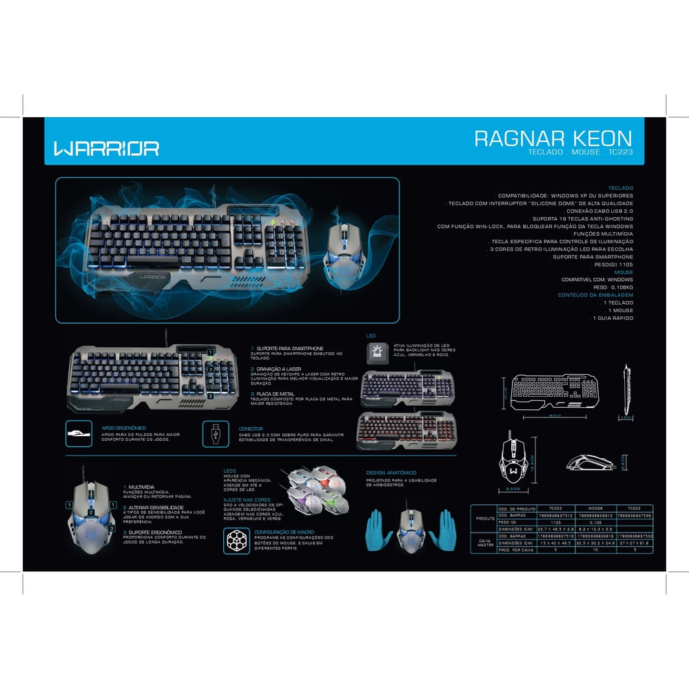 Combo Teclado E Mouse Gamer Warrior Superfície Em Metal - TC223