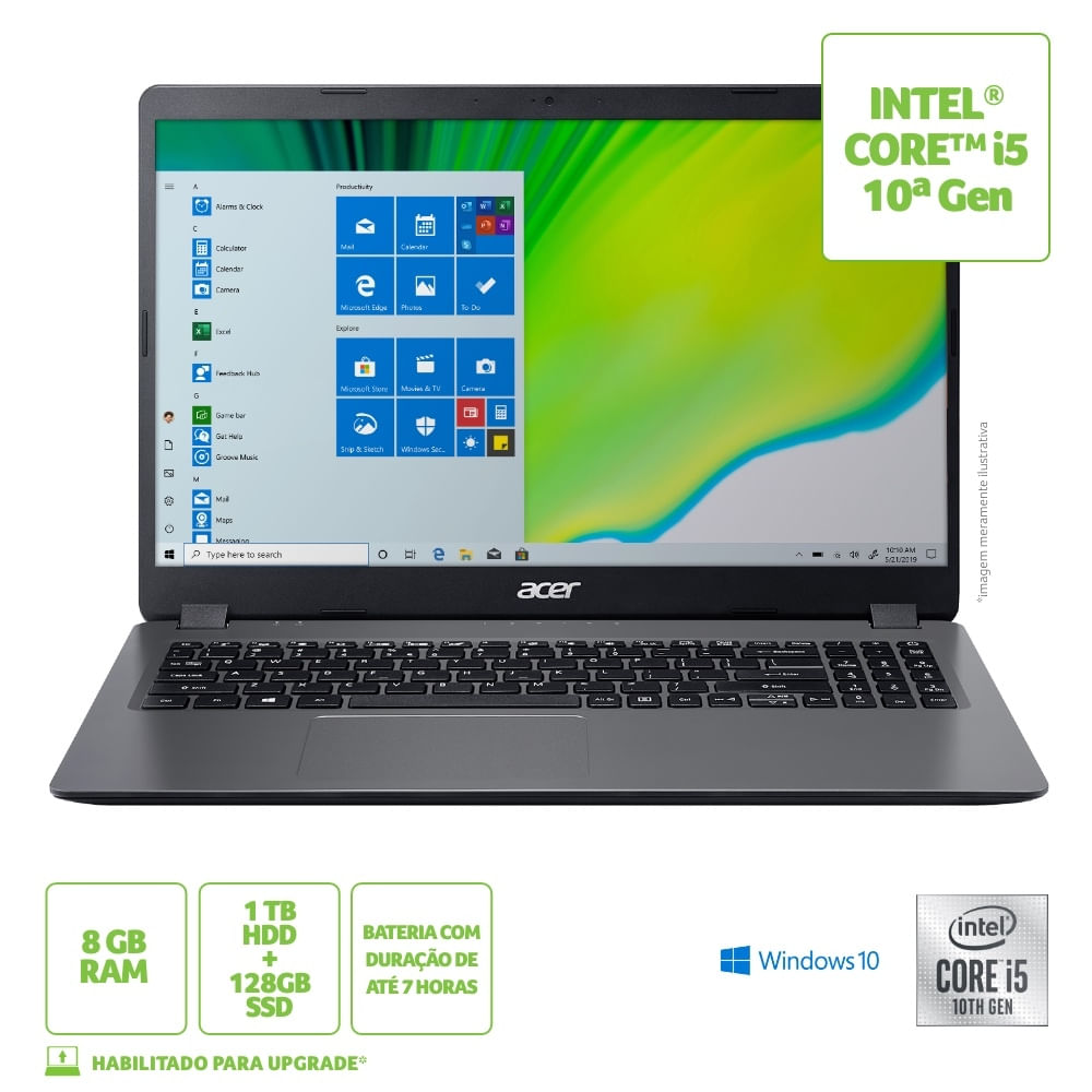 Notebook Acer Aspire 3 A315 Intel Core i5, 8GB RAM, 1TB HD + 128GB