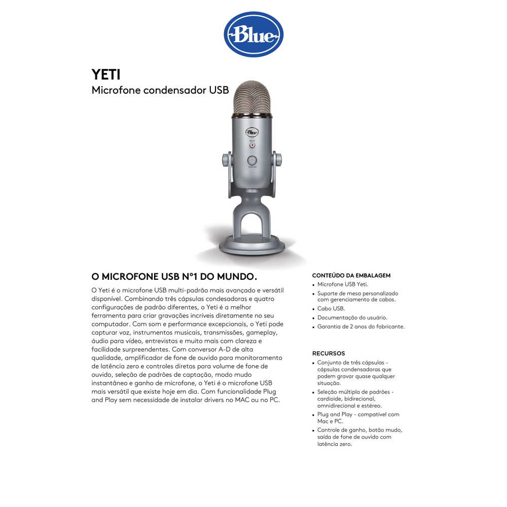 Microfone Blue Yeti, Condensador USB Prata - Fujioka Distribuidor