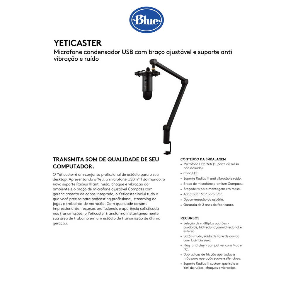 Microfone Blue Yeticaster, Condensador USB com braço ajustável e