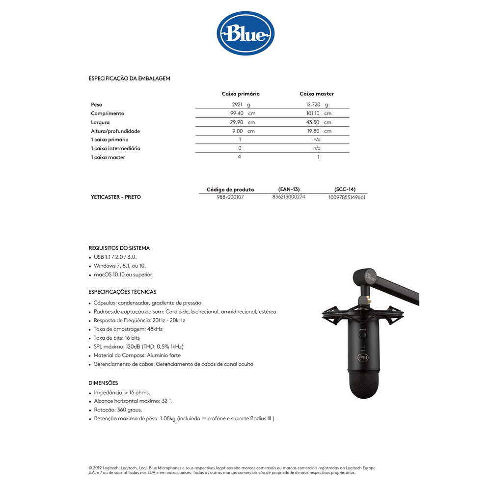Microfone Blue Yeticaster, Condensador USB com braço ajustável e