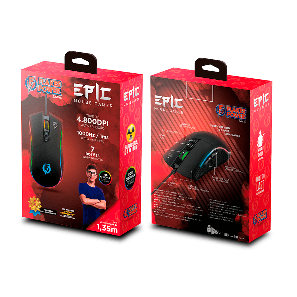 Mouse Gamer ELG Epic FLKM001 4800 DPI, Iluminação RGB CHROMA