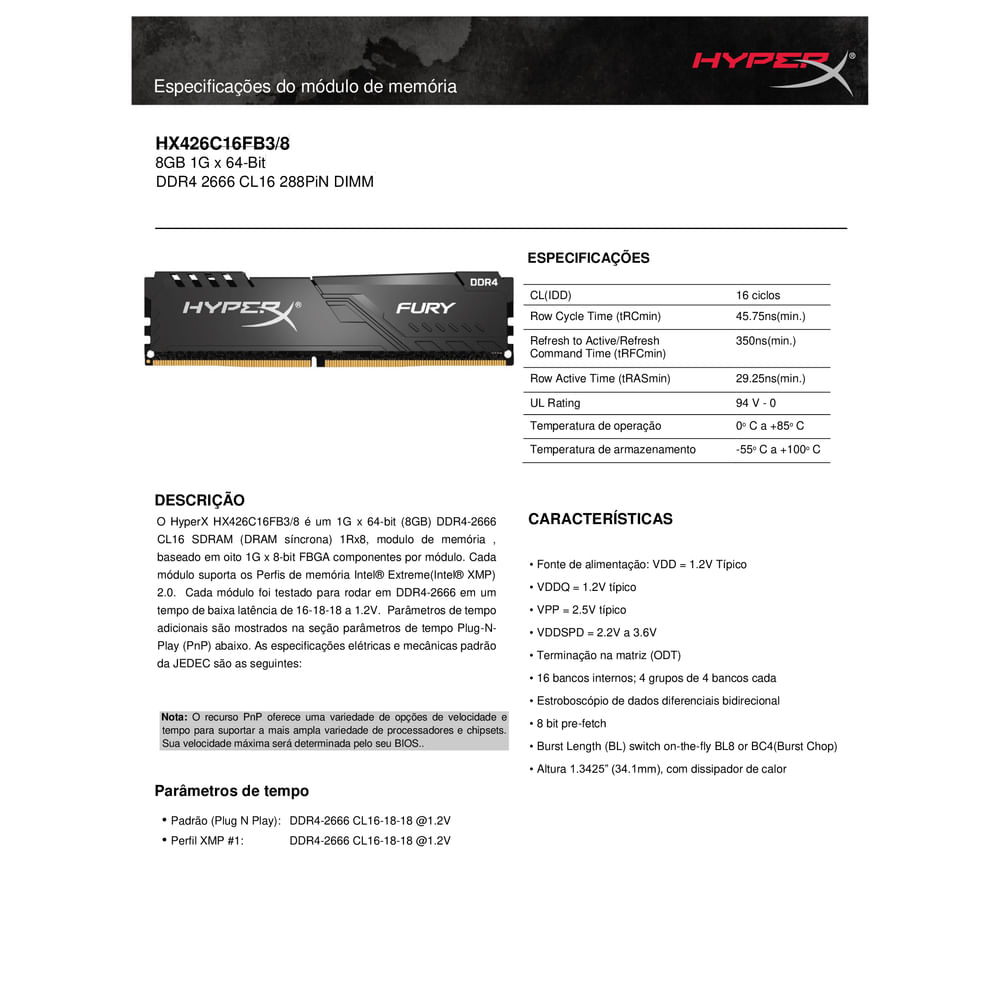 Memória Gamer Hyperx Fury de 8GB DIMM DDR4 2666Mhz 1,2V para