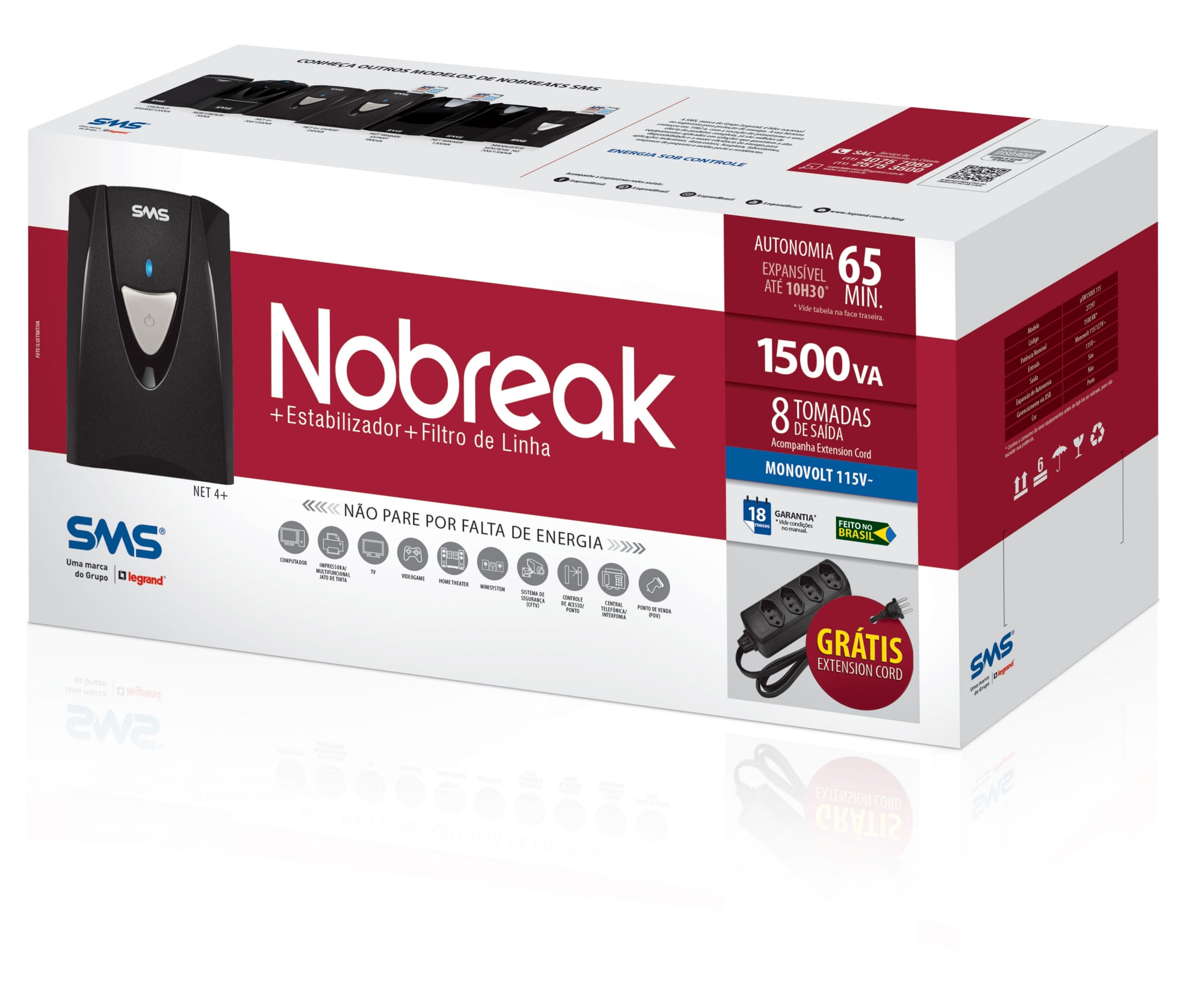 Nobreak SMS Net 4+ 1500 VA com Extenção Grátis de 4 tomadas | 115V