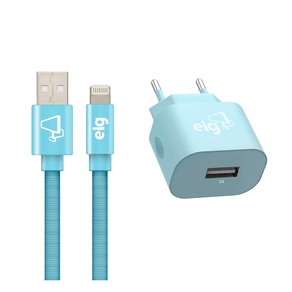 Kit de Parede Universal ELG 1 Saída USB + Cabo Lightning 1 Metro para Recarga - KT810WLBE Azul Turquesa | Bivolt DF - 278409