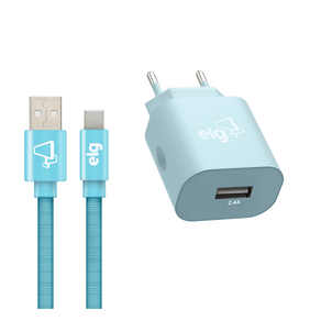 Kit de Parede Universal ELG 1 Saída USB + Cabo Tipo-c 1 Metro para Recarga - KTC10WLBE Azul Turquesa | Bivolt DF - 278410