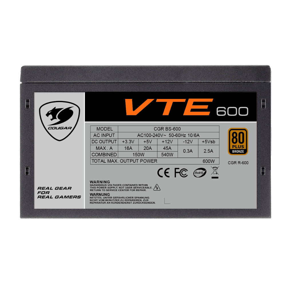 Fonte Cougar 600W 80 Plus Bronze VTE Bivolt | Preto - Fujioka