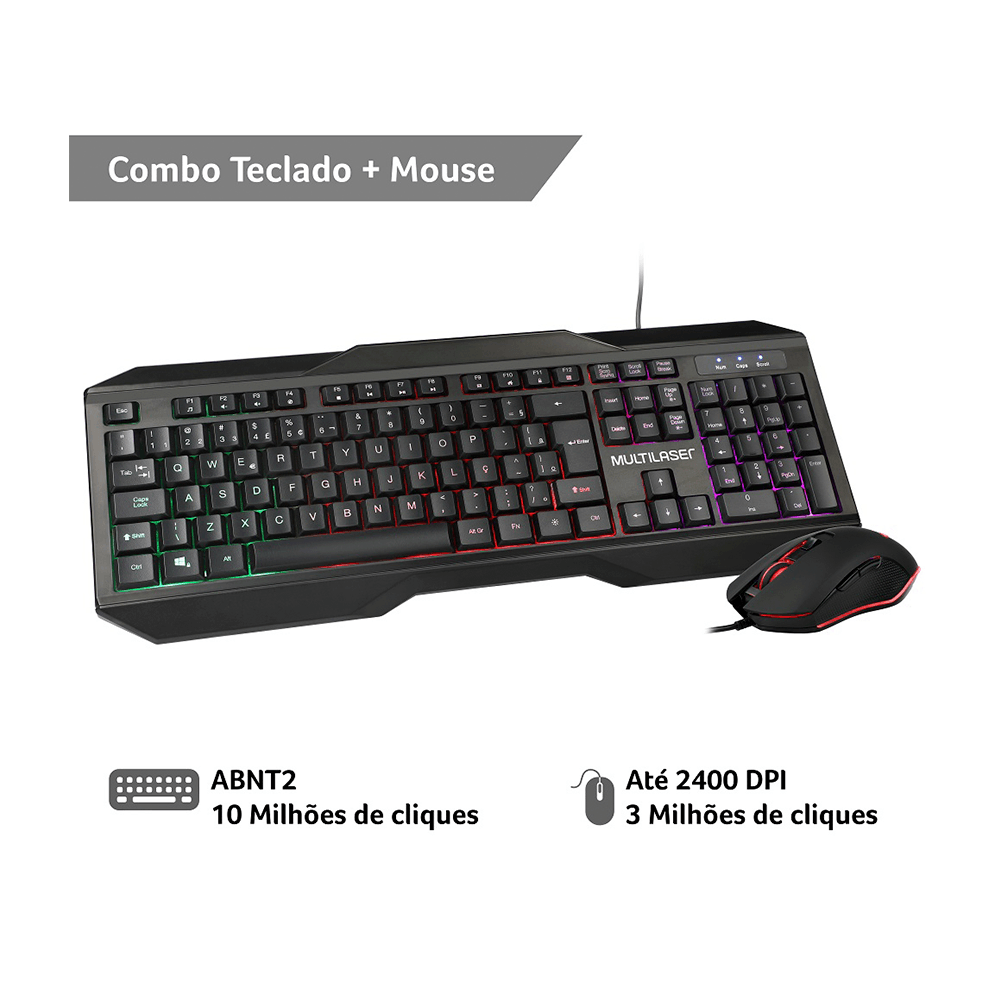 Combo Teclado e Mouse Gamer Multilaser 2.400DPI Com Fio LED