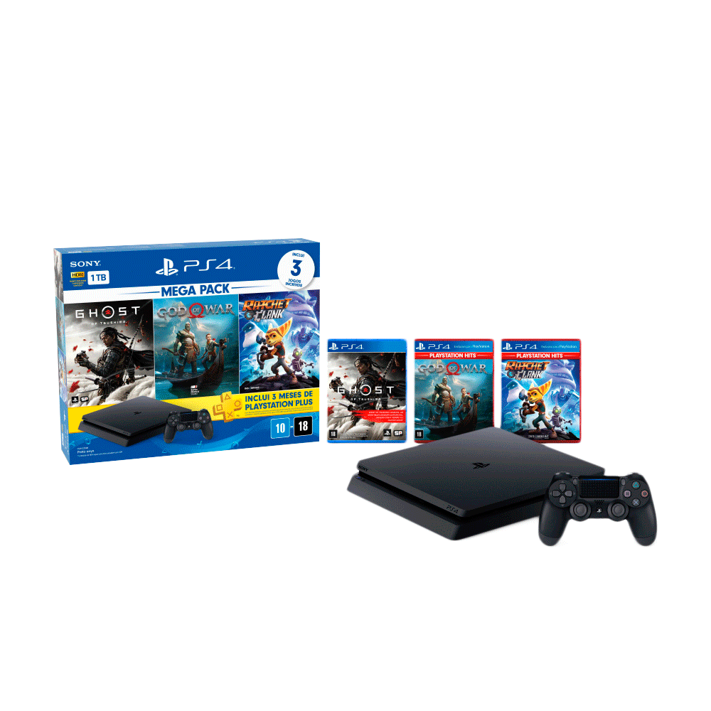 Console Sony Playstation 4 Slim Mega Pack, Com Controle Sem Fio Dualshock 4  Preto - Fujioka Distribuidor