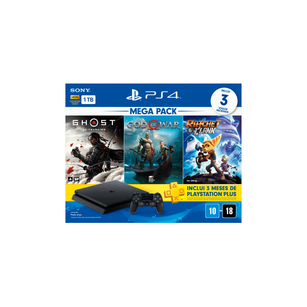 Playstation 4 Sony Hits Bundle 3, 1TB, 1 Controle, 3 Jogos Físicos