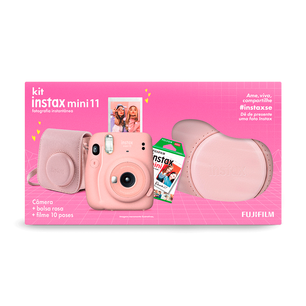 Kit Câmera Instax Mini 11 com pack 10 fotos e Bolsa Rosa - Fujioka