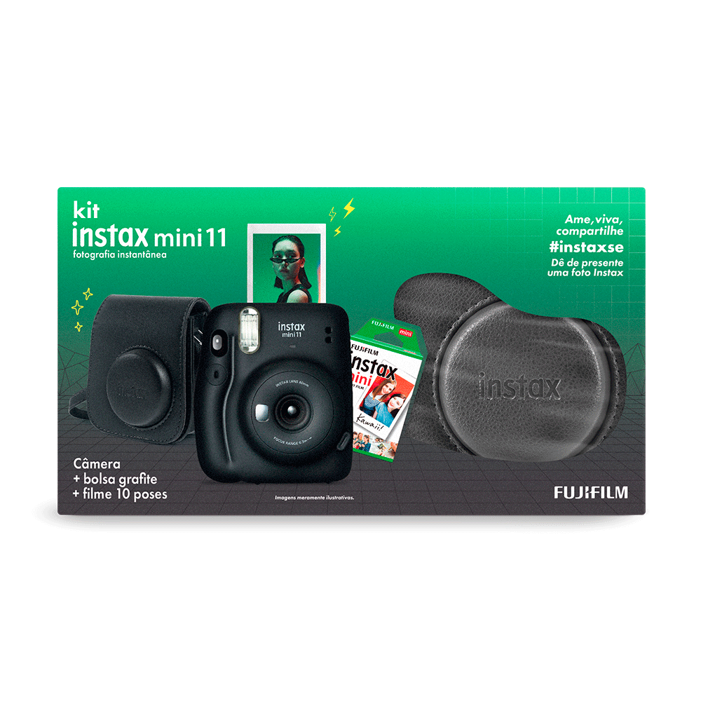Kit Câmera Instax Mini 11 com pack 10 fotos e Bolsa Grafite Artigo