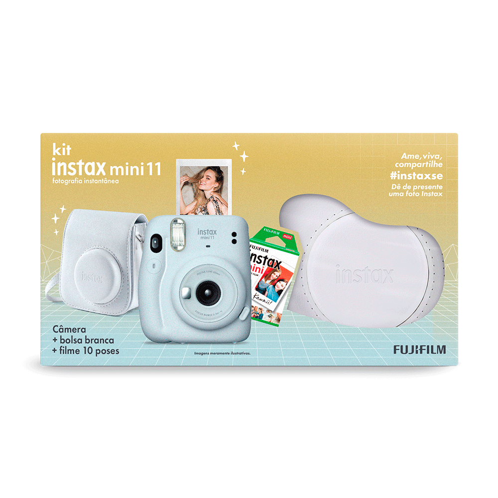 Kit Câmera Instax Mini 11 com pack 10 fotos e Bolsa Branca