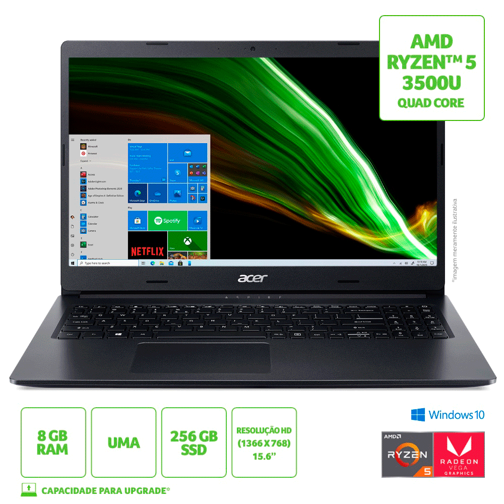 Notebook Acer Aspire, AMD ? R5 3500U, Windows 10 Home, DDR4, 8GB