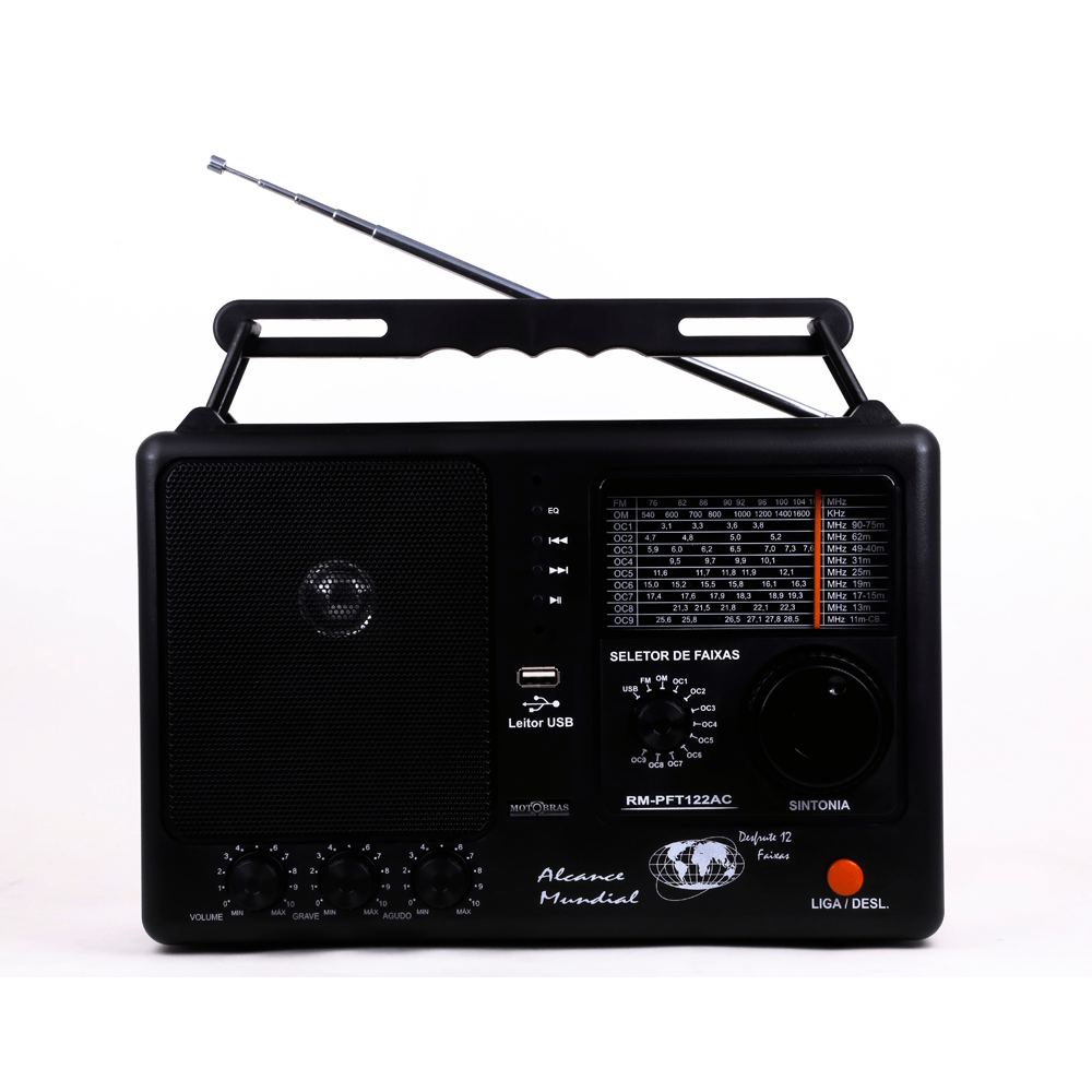 Rádio Portáil Motobras RM-PFT 122/AC, AM/FM, USB, Supota MP3 e