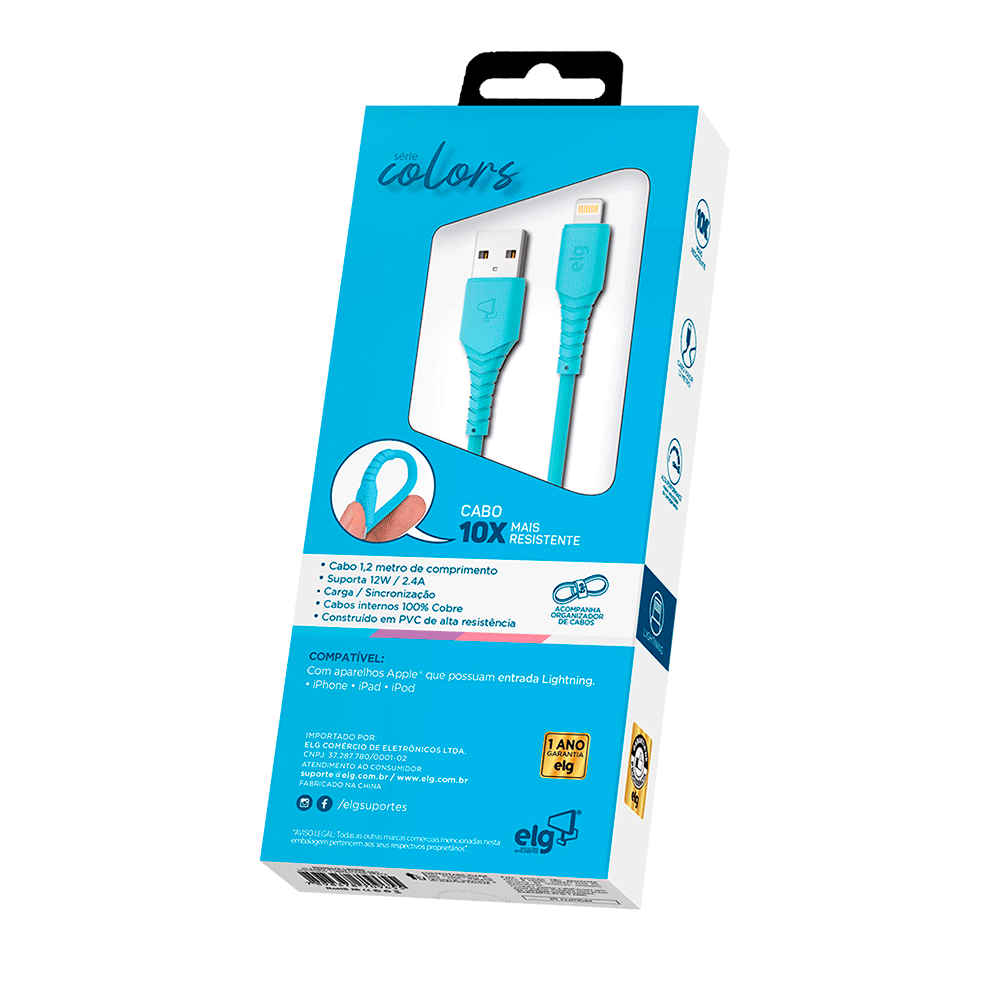 Cabo Lightning ELG Emborrachado 8 Pinos 2.4A / 12W 1,2 Metro Azul