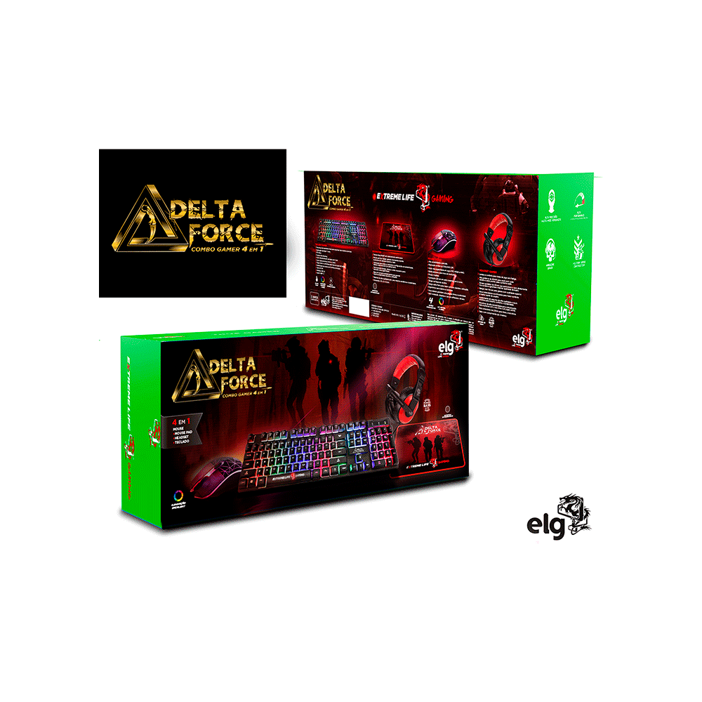 Combo Gamer ELG Delta Force 4 em 1 Teclado + Mouse + Headset +