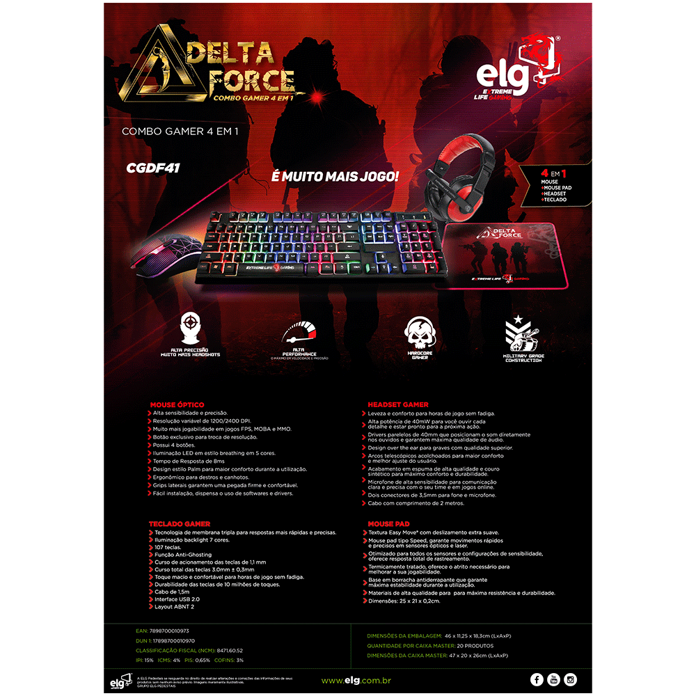Combo Gamer ELG Delta Force 4 em 1 Teclado + Mouse + Headset +