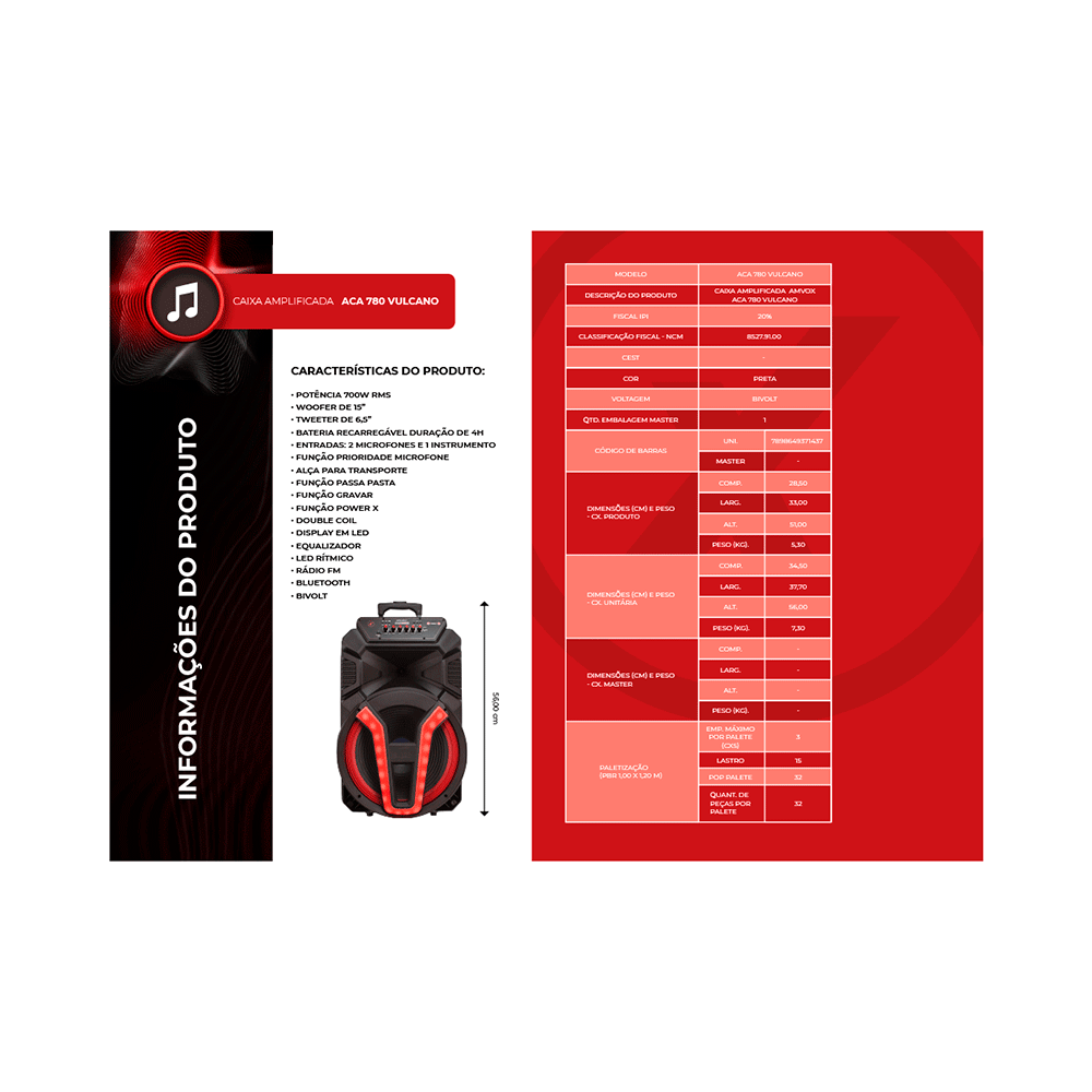 Caixa Amplificada Amvox Aca 780 Vulcano Bluetooth 700w Bivolt