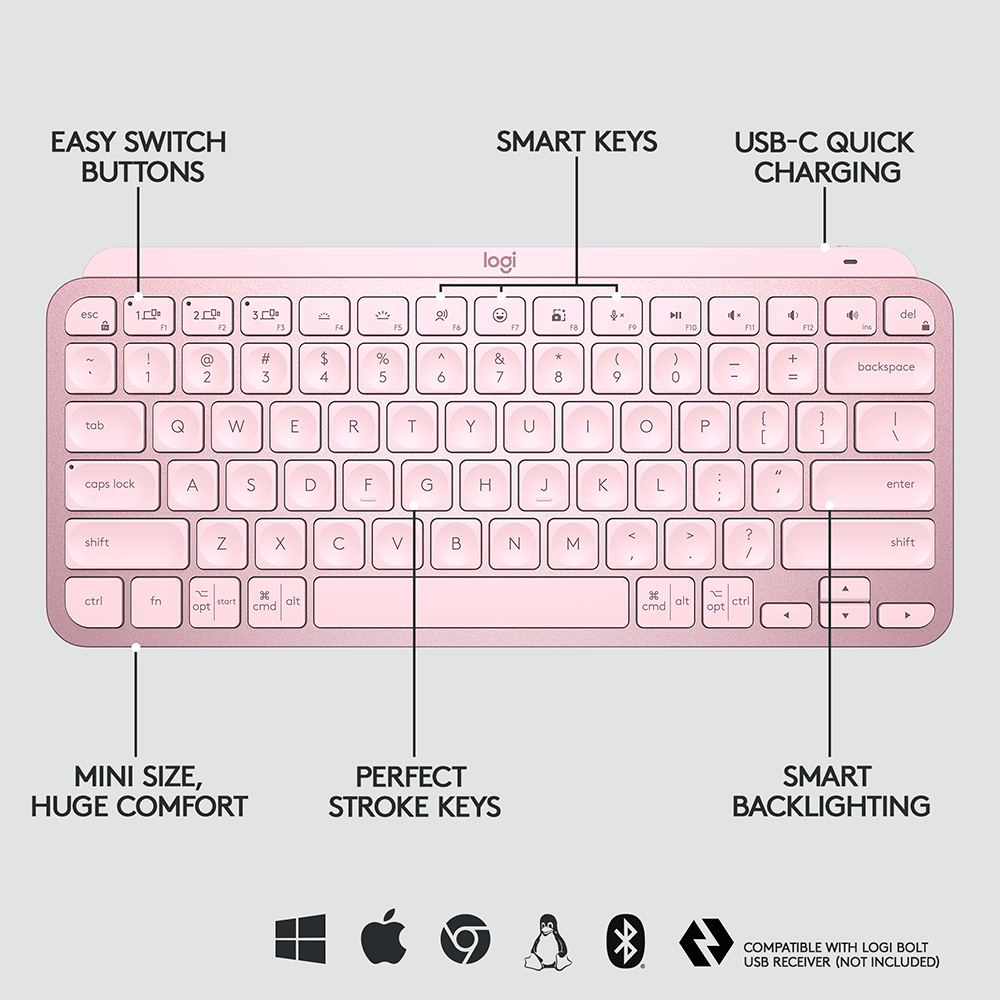 Teclado Sem Fio Logitech MX Keys Mini, Iluminação Smart, Bluetooth