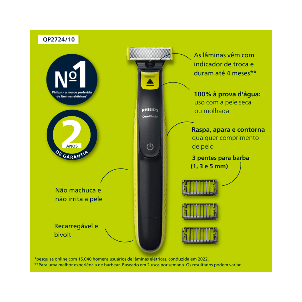 Aparador de Pelos Philips OneBlade, 3 pentes, á prova d'água - QP2724/10, Verde/Cinza | Bivolt