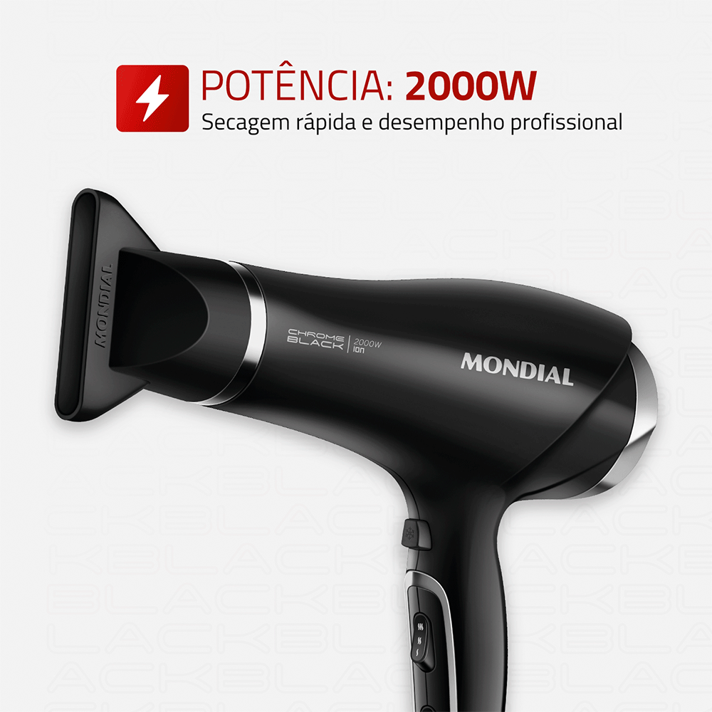 Secador de Cabelos Mondial Chrome Black 2.000W - SCN-04, Preto