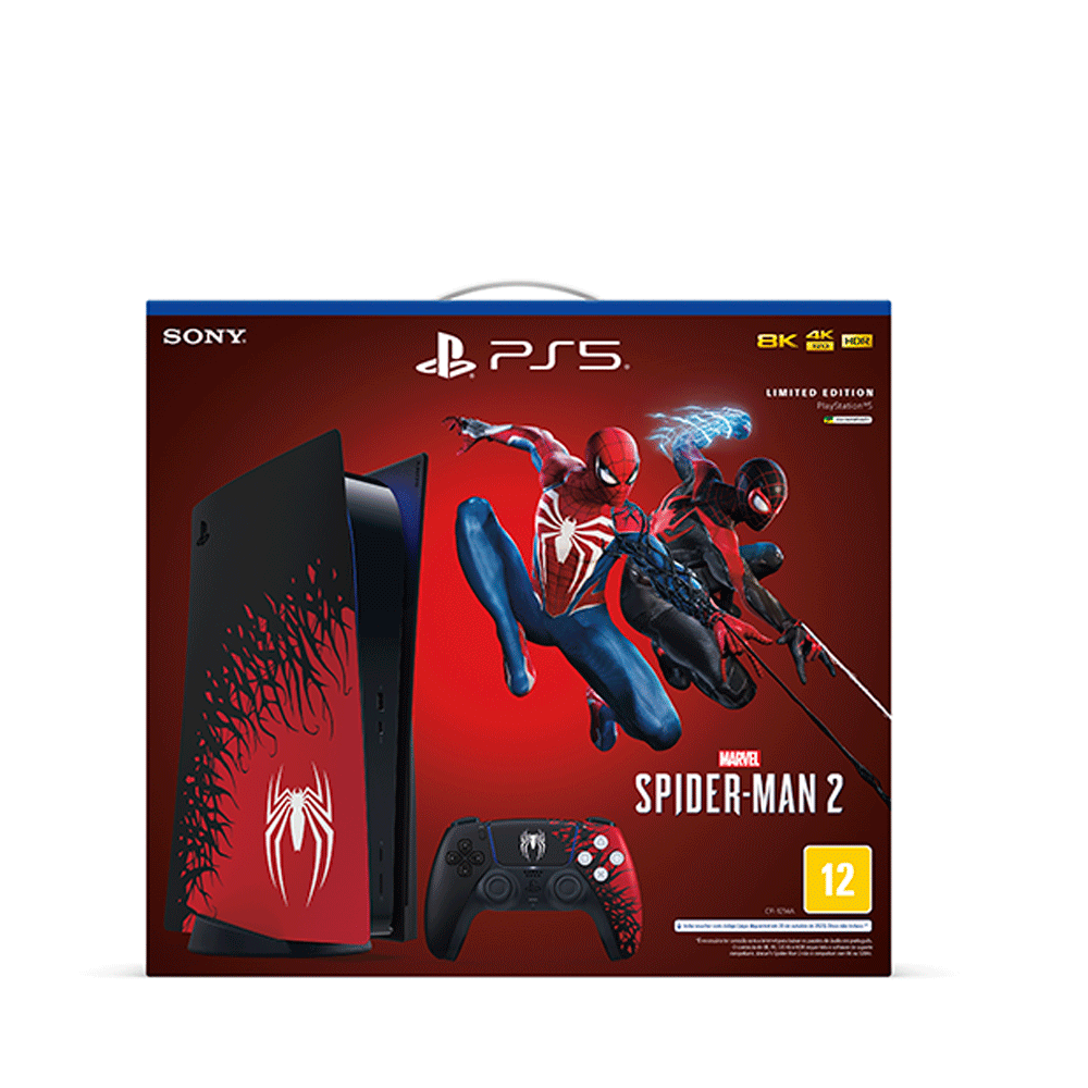 Detalhes do bundle do PS5 com Marvel's Spider-Man 2; tampa e