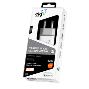 Carregador de Parede ELG Universal W124C 1 Porta USB Tipo-C e 1 Porta USB A 2.1A | Branco DF - 284000