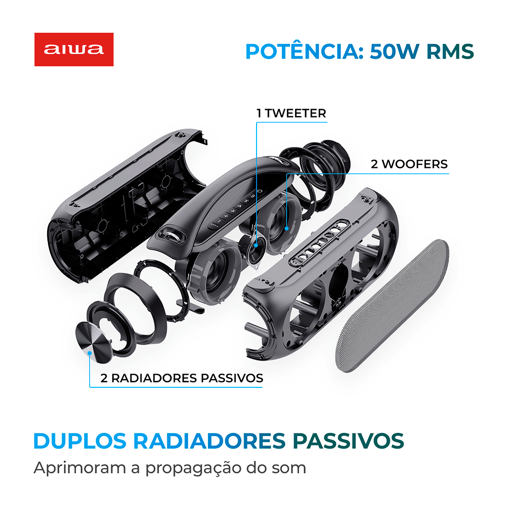 ②AIBA Caixa Bluetooth AIWA IPX5, Potência 50W RMS, AWS-BBS-02 Bivolt
