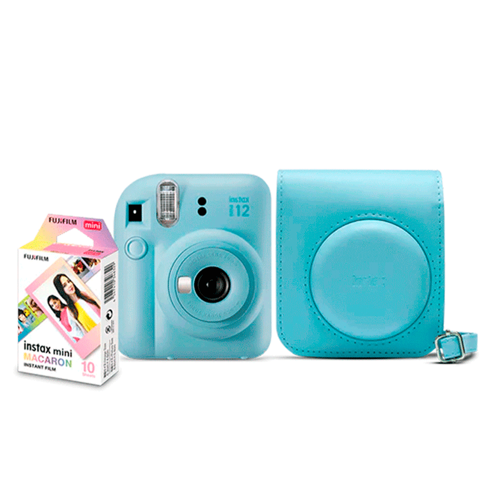Kit Câmera Instax Mini 12 com pack 10 fotos Macaron e Bolsa | Azul