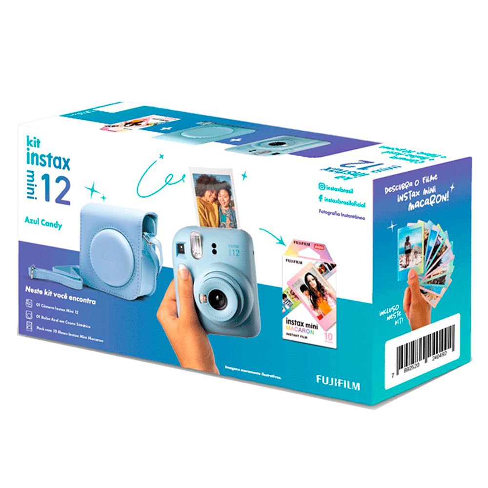 Kit Câmera Instax Mini 12 com pack 10 fotos Macaron e Bolsa | Azul