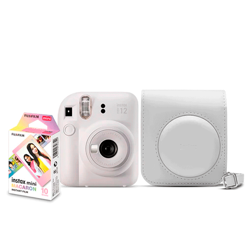 Kit Câmera Instax Mini 12 com pack 10 fotos Macaron e Bolsa