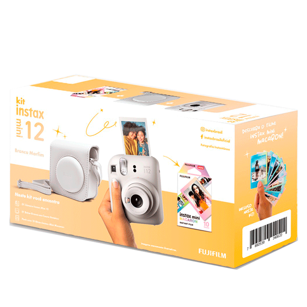 Kit Câmera Instax Mini 12 com pack 10 fotos Macaron e Bolsa