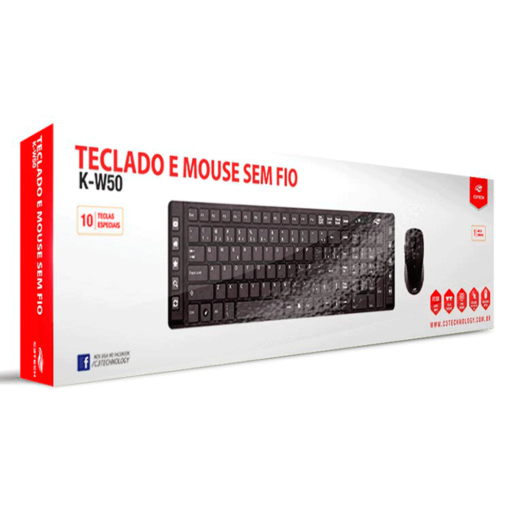 Kit Teclado + Mouse sem fio C3Tech K-W50BK - Fujioka Distribuidor