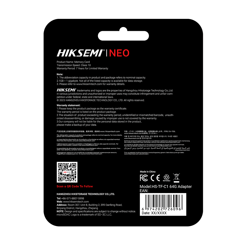 Cartão de Memória Hiksemi NEO MicroSDHC/MicroSDXC Classe 10 UHS-I