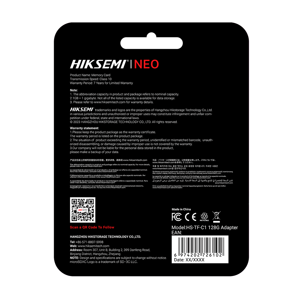 Cartão de Memória Hiksemi NEO MicroSDHC/MicroSDXC Classe 10 UHS-I