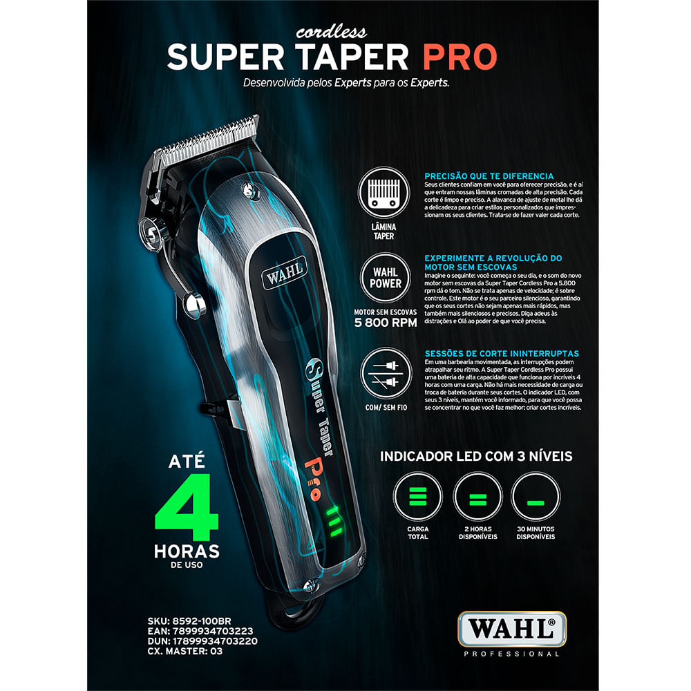 Máquina de Corte Wahl Clipper Super Taper Cordless PRO, Preto