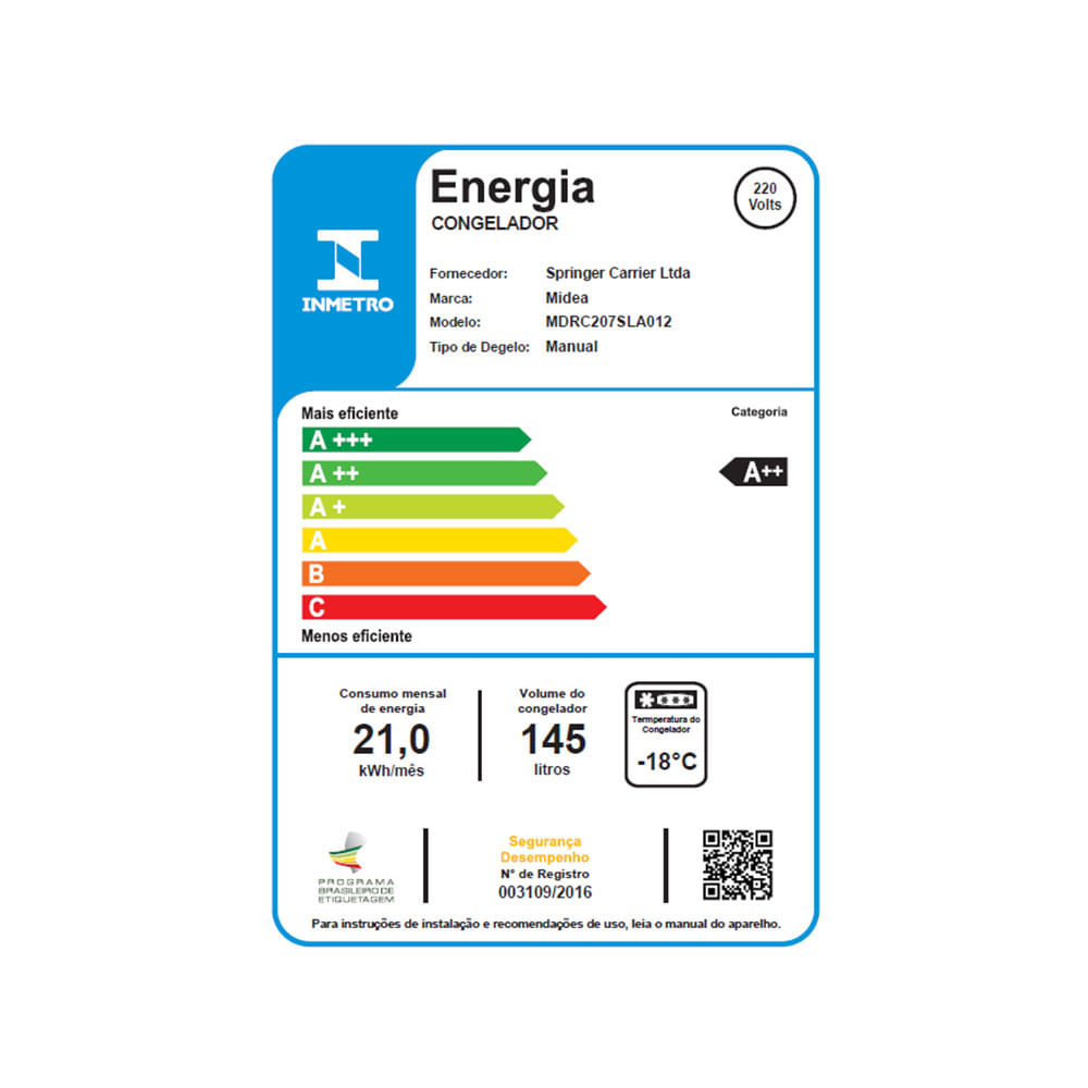 Freezer Midea 145 Litros, MDRC207SLA012, Branco | 220V - artigo