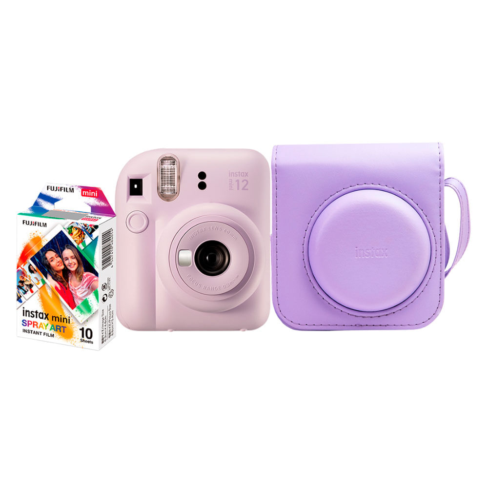 Kit Câmera Instax Mini 12 com pack 10 fotos Spray Art e Bolsa