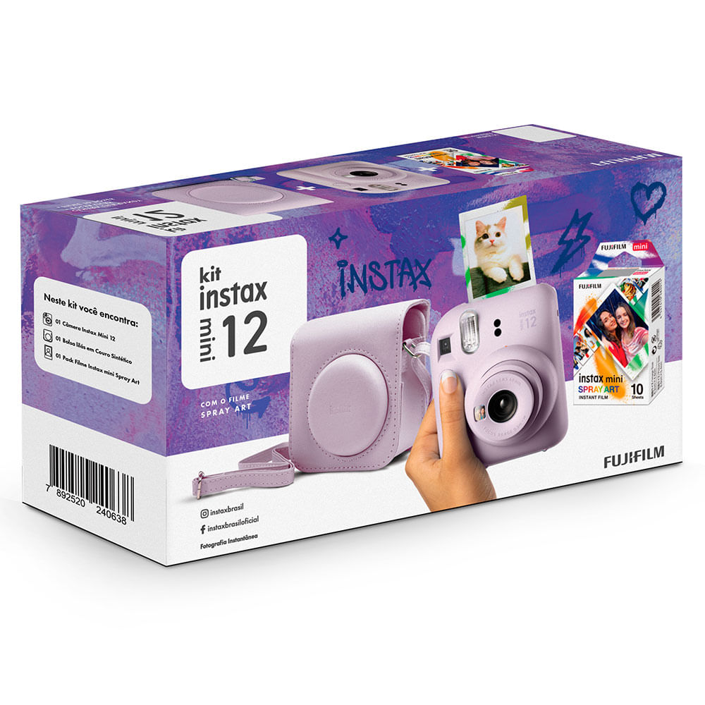 FUJIFILM instax mini 12 10個 Kit Câmera Instax Mini 12 com pack 10 fotos Spray Art e Bolsa