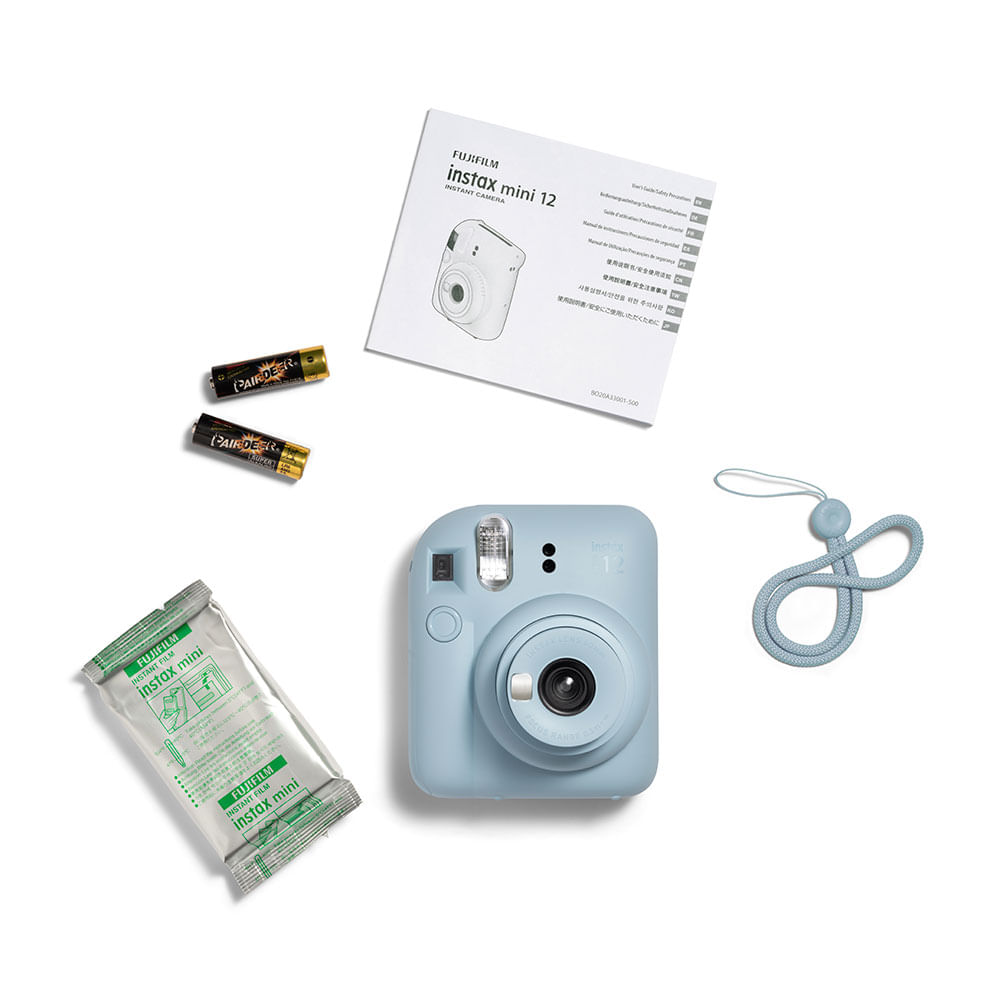 Kit Câmera Instax Mini 12 com pack 10 fotos Spray Art e Bolsa Azul