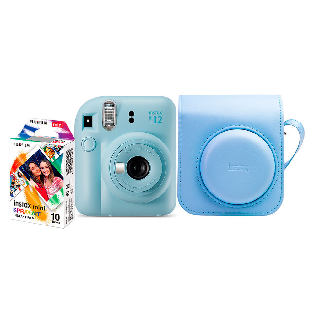 Kit Câmera Instax Mini 12 com pack 10 fotos Spray Art e Bolsa Azul