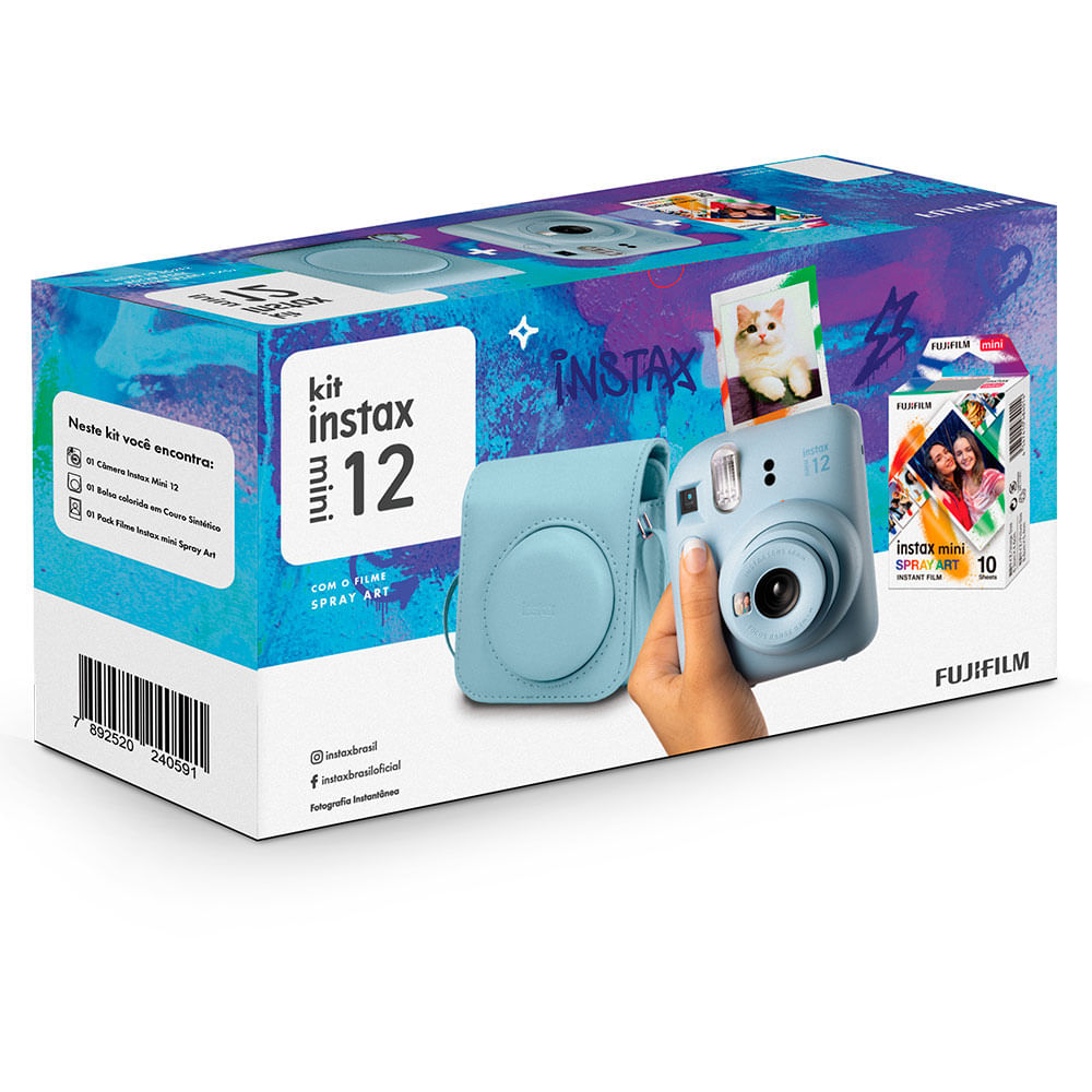 Kit Câmera Instax Mini 12 com pack 10 fotos Spray Art e Bolsa Azul