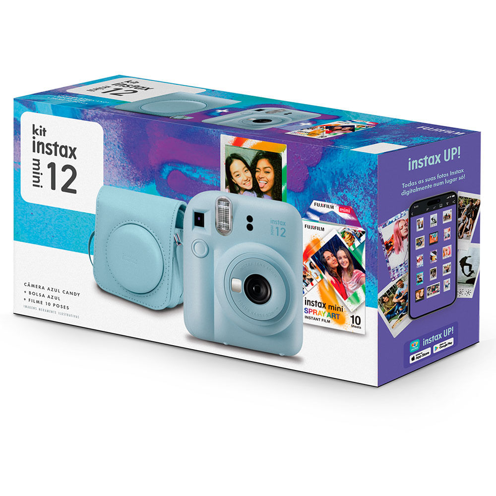 Kit Câmera Instax Mini 12 com pack 10 fotos Spray Art e Bolsa Azul