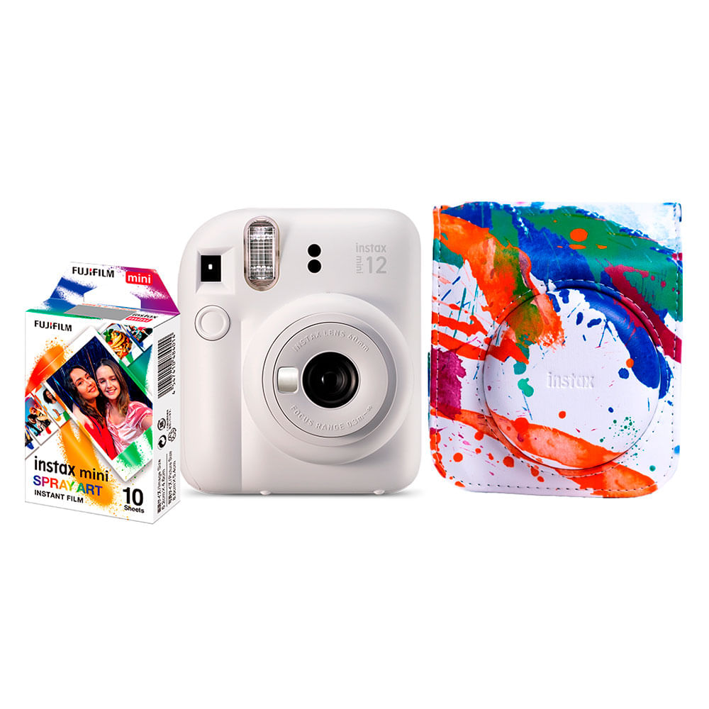 Kit Câmera Instax Mini 12 com pack 10 fotos Spray Art e Bolsa