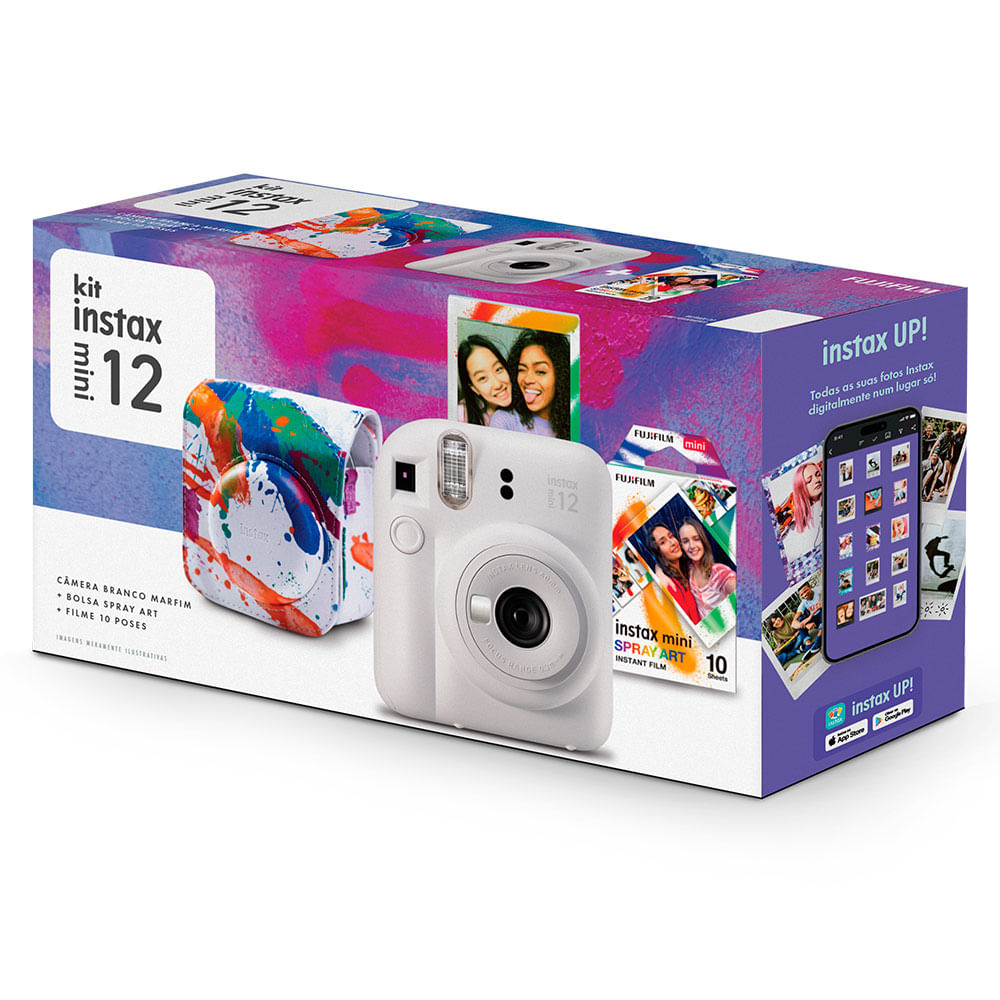 Kit Câmera Instax Mini 12 com pack 10 fotos Spray Art e Bolsa