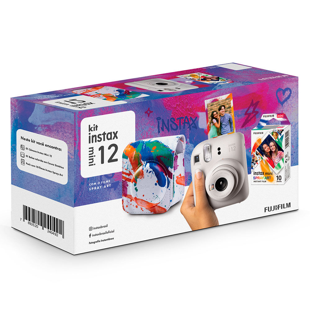 Kit Câmera Instax Mini 12 com pack 10 fotos Spray Art e Bolsa