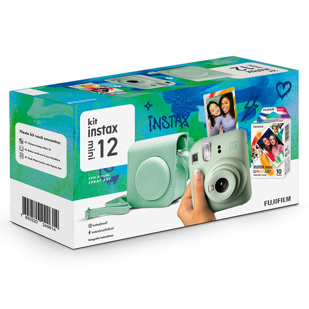 Kit Câmera Instax Mini 12 com pack 10 fotos Spray Art e Bolsa